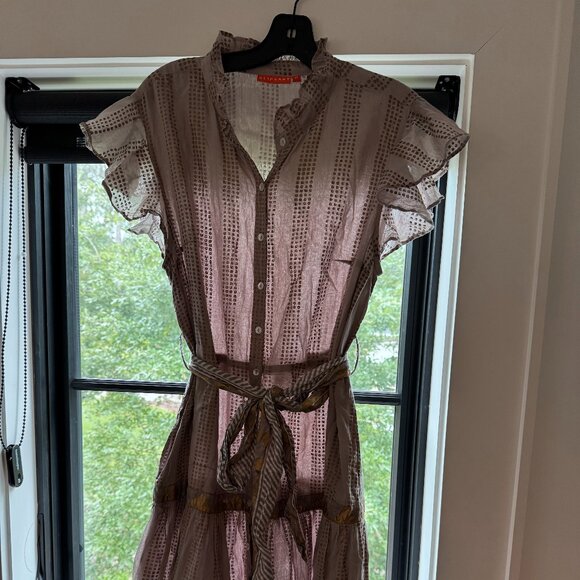 Oliphant Grey and Gold Flutter Sleeve  Belted Dress - Picture 2 of 14